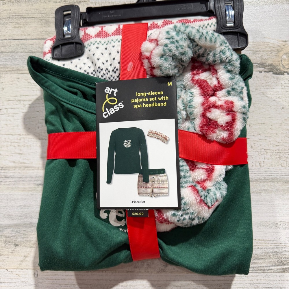 Art Class Pajama Set Girls M Green Apres Ski Fair Isle 3pc NWT